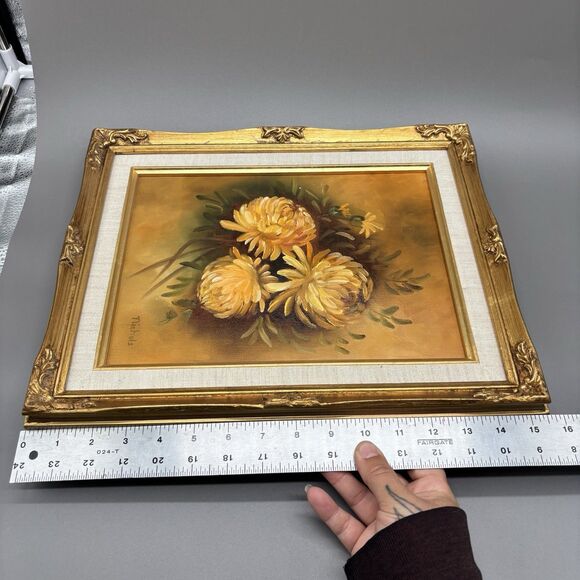 Vintage Floral Oil Painting Chrysanthemums Still Life Framed Canvas 9x12 Signed - Picture 10 of 10